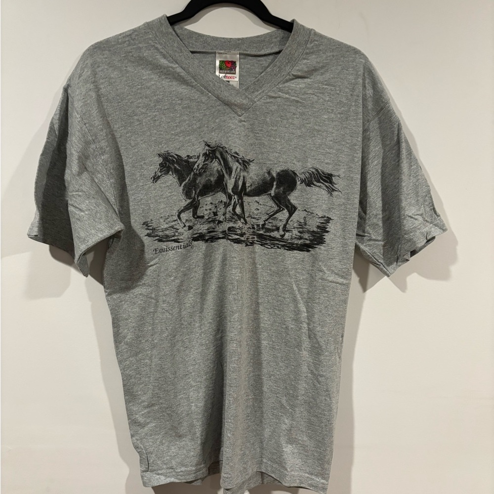 Fruit of the Loom Gray V-Neck T-Shirt with Horse Design